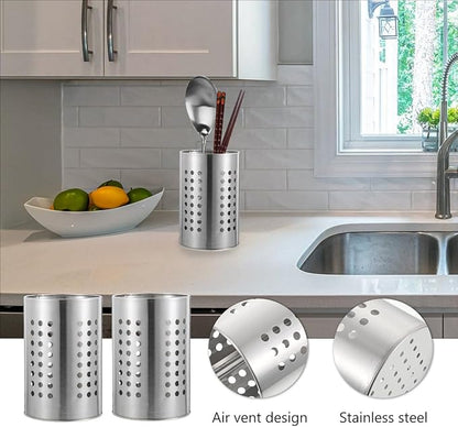 2PCS Stainless Steel Kitchen Utensil Holders for Countertop Spoon Holder Silverware , Chopsticks Holder Spoon and Fork Holder for Restaurant (12 X 12 X 18CM)