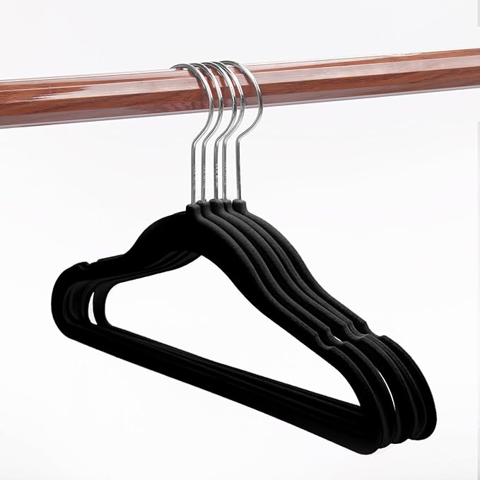 MIZGI Baby Velvet Hangers,Non-Slip Kids & Toddler Hangers,11.8 Inch Hangers for Baby Clothes,Pack of 50（Black/Silver）