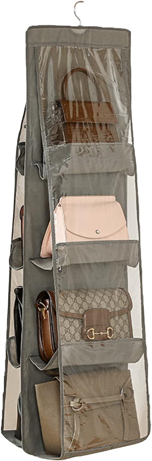Purse Organizer for Closet - Handbag Hanging Purse Storage and Organizers with Hook, Over Door Bags Holder Hanger, 8 Large Clear Waterproof Pockets, Space Saving, for Dorm, Bedroom, Wardrobe