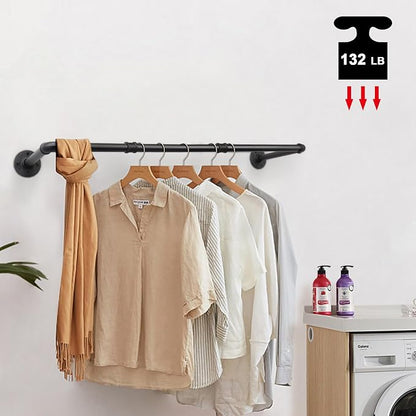 Livabber Industrial Pipe Clothes Rack, Heavy Duty Detachable Iron Garment Rack Wall Mounted, Rustic Saving Space Clothes Bar Multi-Purpose Hanging Rod for Bedroom, Closet, Black (36 Inch)