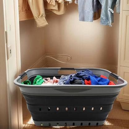 SAMMART 42L Collapsible Plastic Laundry Basket - Foldable Pop Up Storage Container/Organizer - Space Saving Hamper/Basket (1, Grey/Black)