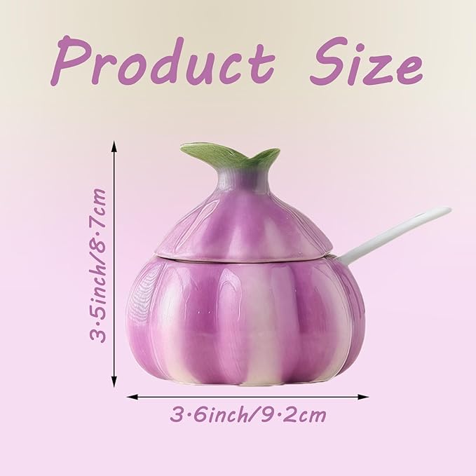 Cute Onion Shaped Ceramic Salt Cellar with Lid and Spoon, Decorative Purple Kitchen Canister for Sugar, Salt, Pepper, and Spices, Farmhouse Kitchen Decor