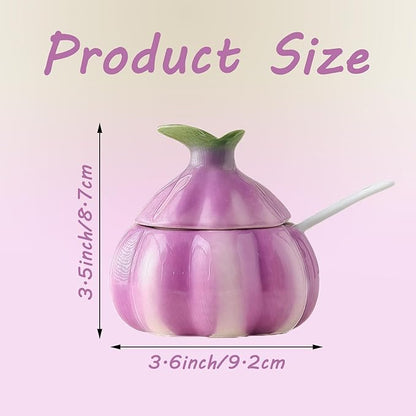 Cute Onion Shaped Ceramic Salt Cellar with Lid and Spoon, Decorative Purple Kitchen Canister for Sugar, Salt, Pepper, and Spices, Farmhouse Kitchen Decor