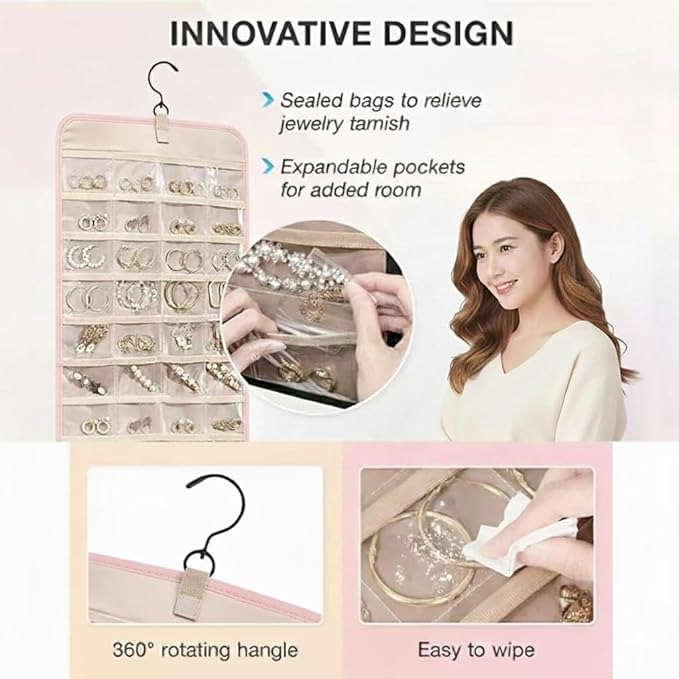 Hanging Jewelry Organizer, Dual-Sided Necklace Holder with Multiple Clear Pockets - Wall Mount & Over The Door Closet Storage for Earrings, Rings, Bracelets - 360° Rotating Hanger (1, pink, XL)