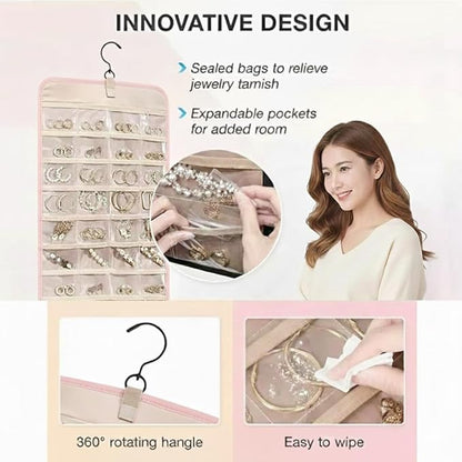Hanging Jewelry Organizer, Dual-Sided Necklace Holder with Multiple Clear Pockets - Wall Mount & Over The Door Closet Storage for Earrings, Rings, Bracelets - 360° Rotating Hanger (1, pink, XL)