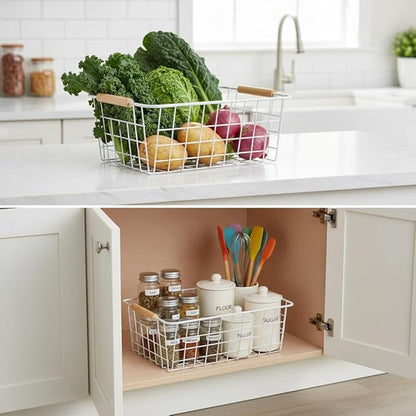White Metal Wire Food Storage Basket with Wooden Handles for Organizing Snack Basket,Pantry Organizers and Storage for Kitchen Cabinets 4 Pack (Medium)