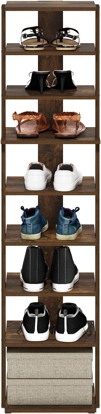 Furinno Compact Vertical Shoe Rack, 9-Tier Narrow Shoe Organizer, Free Standing Shoe Storage, Shoe Shelf for Boots, Sneakers, 12 x 12.6 x 51, for Closet, Entryway, Office, Garage, Amber Pine