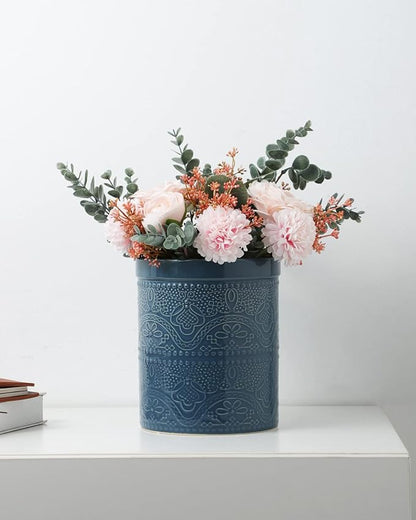 Fun Elements Kitchen Utensil Holder, 7.2" Super Large Utensil Crock Heavy and Stable Lace Emboss Ceramic Utensil Holder for Kitchen Counter (Grayish Blue)