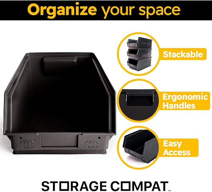 6-Pack Storage Bins, Wall Mount, Stackable & Freestanding, 12”x 8” x 6” Plastic Organizers, Utility Containers for Garage, Home, Workshop, Black