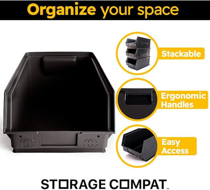 6-Pack Storage Bins, Wall Mount, Stackable & Freestanding, 12”x 8” x 6” Plastic Organizers, Utility Containers for Garage, Home, Workshop, Black