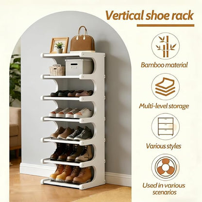 39" Bamboo Shoe Rack - Vertical Shoe Organizer Rack for Small Space, Narrow Shoe Tower for Closet, Entryway, Corner, Tall Shoe Shelf with Removable Shelves, Flexible Storage Shelf for Saving Space