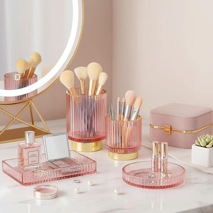 Glass Makeup Brush Holder Organizer, Gold Toothbrush Holders for Bathroom, Pink Makeup Brush Holder Cup for Vanity, Desktop Crystal Eyeliners Eyebrow Pencil Storage Cup Holder