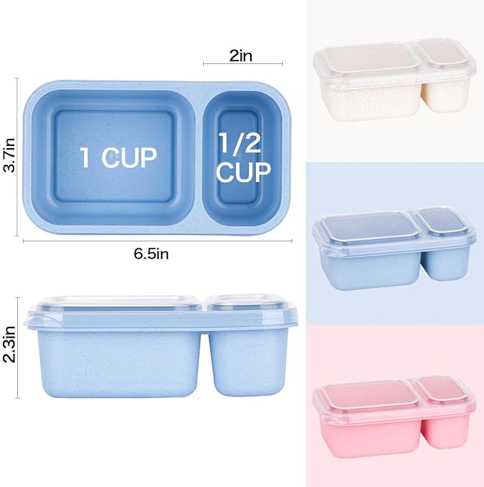DOSEWART 6Pack 2-Compartment Reusable Snack Containers with Lids, Wheat Straw Reusable Snack Packs for Meal Prep Food Storage On-the-Go Snacking
