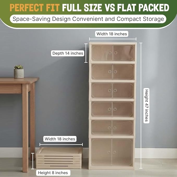 Foldable 6-Tier Shoe Rack Organizer, Large Clear Shoe Storage Cabinet with Magnetic Doors, Heavy Duty Slim Vertical Shoes Rack for Bedroom, Entryway or Garage - Beige (Holds 12 Pairs)