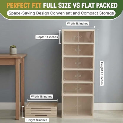 Foldable 6-Tier Shoe Rack Organizer, Large Clear Shoe Storage Cabinet with Magnetic Doors, Heavy Duty Slim Vertical Shoes Rack for Bedroom, Entryway or Garage - Beige (Holds 12 Pairs)