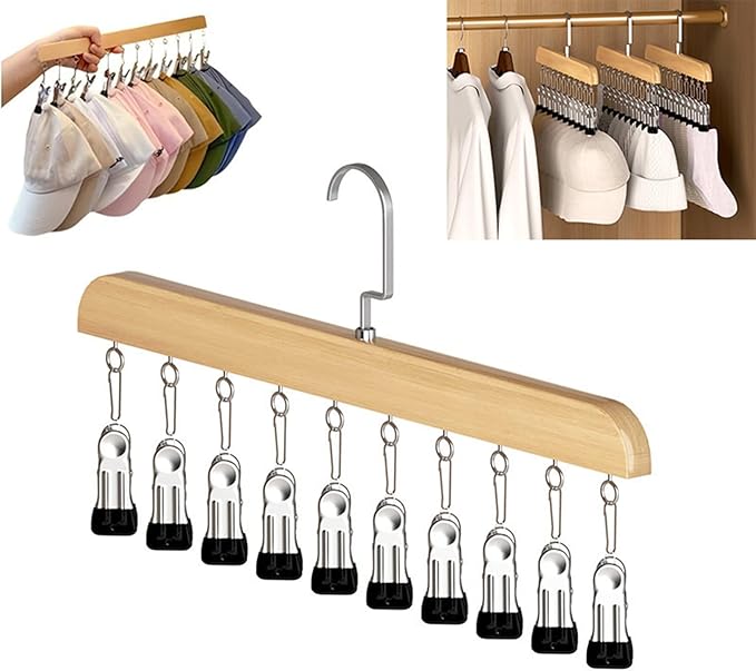 Closet Organizer with 10 Clips, Space Saving Hanging Closet Organizer, Space-Saving Hat Scarf Clothespins for Jeans Skirts Socks Pant Hangers (Wood-10 Clips, 1PC)