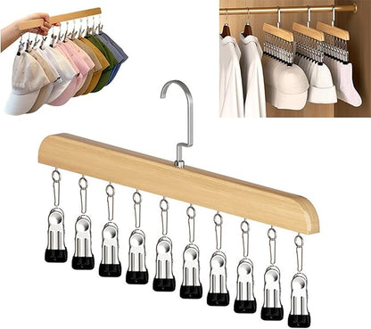 Closet Organizer with 10 Clips, Space Saving Hanging Closet Organizer, Space-Saving Hat Scarf Clothespins for Jeans Skirts Socks Pant Hangers (Wood-10 Clips, 1PC)