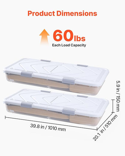 VEVOR Under Bed Storage with Wheels, 39.8 x 20.1 x 5.9 inch Underbed Containers, Underbed Shoes Organizer with Lid & Gray Latch, Rolling Under the Bed Storage Bins for Clothes Shoes Blankets, 2 Pack