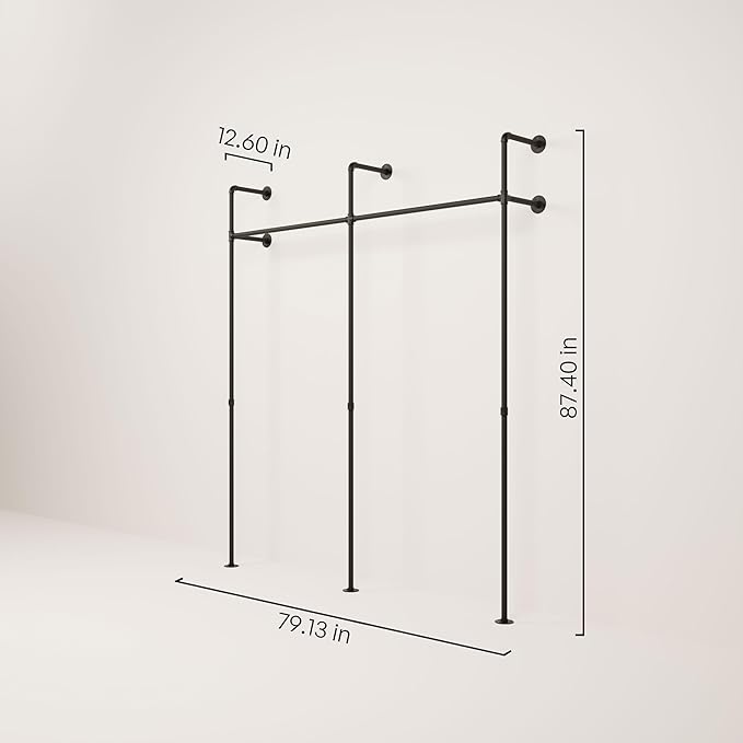 pamo Wall Mounted Pipe Clothing Rack – Industrial Closet System in Black Powder-Coated Steel – 79" W × 87" H, 530 lbs – Walk-In Closet & Retail