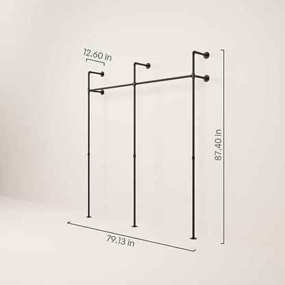 pamo Wall Mounted Pipe Clothing Rack – Industrial Closet System in Black Powder-Coated Steel – 79" W × 87" H, 530 lbs – Walk-In Closet & Retail