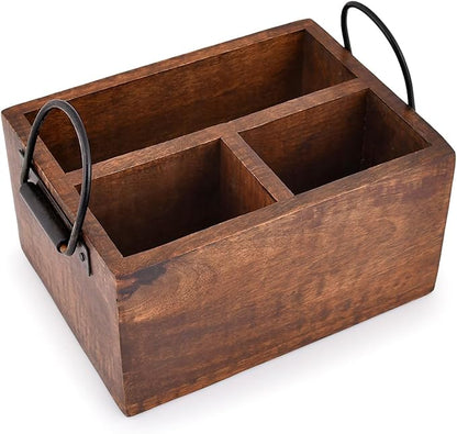 EDHAS 3 Compartment Flatware Caddy, Cutlery Utensil Holder with Metal Handles for Farmhouse Kitchen Decor and Countertop, Dining Table, Office Organizer (8" x 6" x 4")