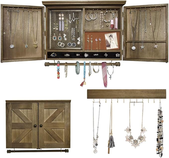 GLANT Rustic Wall Mounted Jewelry Organizer with Wooden Barndoor Decor， Wall Mount Holder,Jewelry holder for Necklaces, Earings, Bracelets，Ring Holder. Includes matching hook organizer (wood color)
