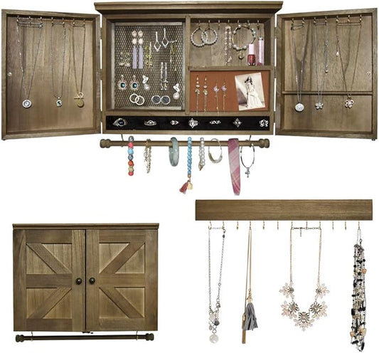 GLANT Rustic Wall Mounted Jewelry Organizer with Wooden Barndoor Decor， Wall Mount Holder,Jewelry holder for Necklaces, Earings, Bracelets，Ring Holder. Includes matching hook organizer (wood color)