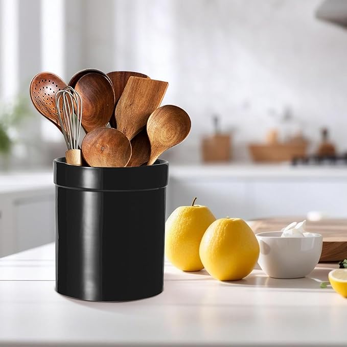MEIGUI Ceramic Kitchen Utensil Holder, Utensil Crock Large Utensils Holder for Kitchen Decor, Cooking Tool Utensils Caddy for Countertop, Pure Black