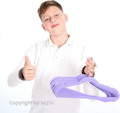 MIZGI Kids Velvet Hangers,Non-Slip Big Kids Hangers,14 Inch Hangers for Youth,Teen Clothes,Pack of 50（Light Purple/Rosegold）