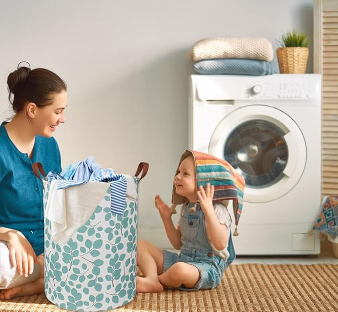 Laundry Baskets,Canvas Fabric Laundry Hamper,Collapsible Toy Storage Organizer Bins,Gift Basket for Bedroom, Clothes, Nursery,Kids,Boys (Eucalyptus leaves)