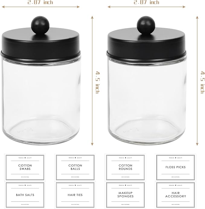 2-Pack Bathroom Apothecary Storage Jars, Vanity Countertop Canister, Glass Jars Q-tip Holder, Cotton Swab Container, Bathroom Storage Container with 8 Pcs Waterproof Labels (9 Oz, Clear)