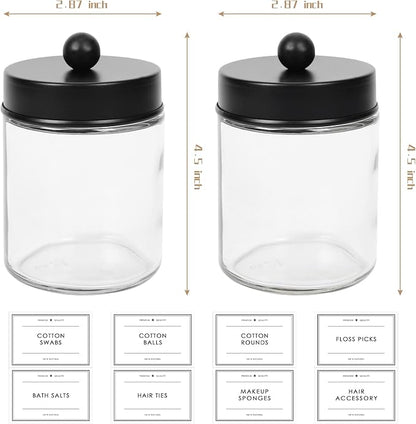2-Pack Bathroom Apothecary Storage Jars, Vanity Countertop Canister, Glass Jars Q-tip Holder, Cotton Swab Container, Bathroom Storage Container with 8 Pcs Waterproof Labels (9 Oz, Clear)