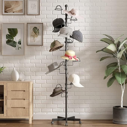 Hat Rack with 15 Circular Hooks Floor Hat Stand Freestanding Hats Rack Stand Adjustable Metal Hats Tree Organizer Rack Display Standing Suitable for Home Store Commercial, Black