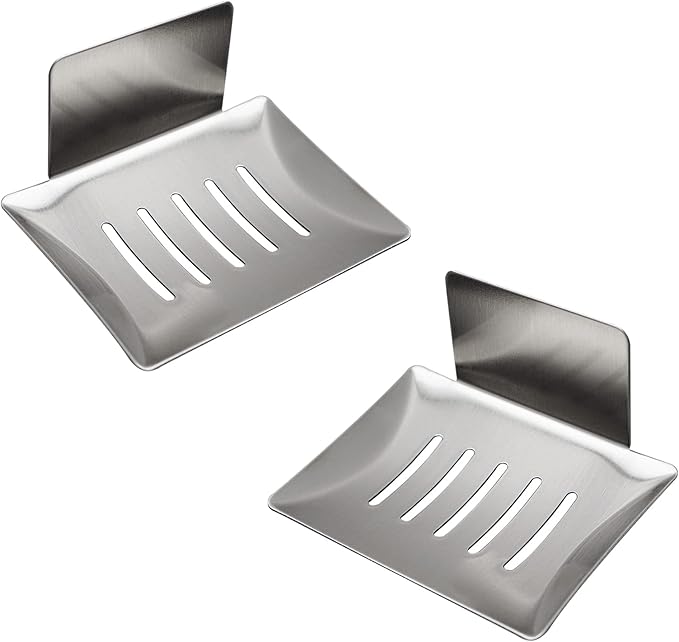 2 Pack Soap Dish for Shower Wall, Stainless Steel Adhesive Soap Holder for Bathroom, 5 Slot Sponge Holder for Kitchen Sink, Bar Soap Tray with Drain Silver