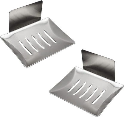 2 Pack Soap Dish for Shower Wall, Stainless Steel Adhesive Soap Holder for Bathroom, 5 Slot Sponge Holder for Kitchen Sink, Bar Soap Tray with Drain Silver