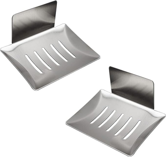 2 Pack Soap Dish for Shower Wall, Stainless Steel Adhesive Soap Holder for Bathroom, 5 Slot Sponge Holder for Kitchen Sink, Bar Soap Tray with Drain Silver