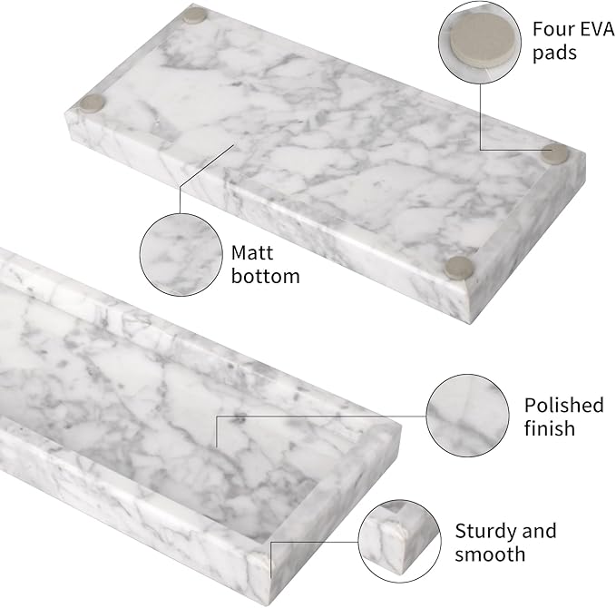 Marble Bathroom Vanity Tray, Natural Luxury Vanity Home Kitchen Bathroom Table Tray, Stone Decorative Countertop Dresser Trays for Key Coffee Perfume Jewelry Makeup (Carrara White, 12"x 5" x1.2")