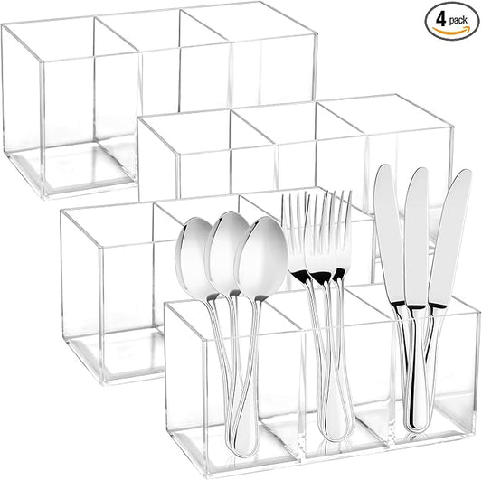 4Pack Acrylic Cutlery Storage Organizer, Transparent Plastic Silverware Utensil Holder Cutlery Spoon and Fork Holder Caddy for Party Kitchen Countertop Organization Knife Tableware