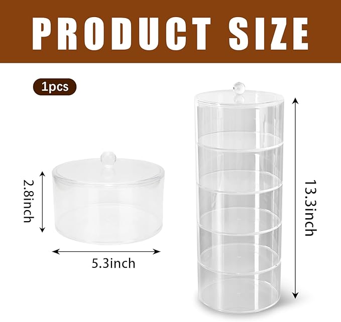 5 Layers Acrylic Belt Organizer, Stackable Storage Box Clear Display Case for Belts, Jewelry, Watches, Hair Accessories, Vanity and Closet, 2.6 Inch Height by 5.5 Inch Diameter