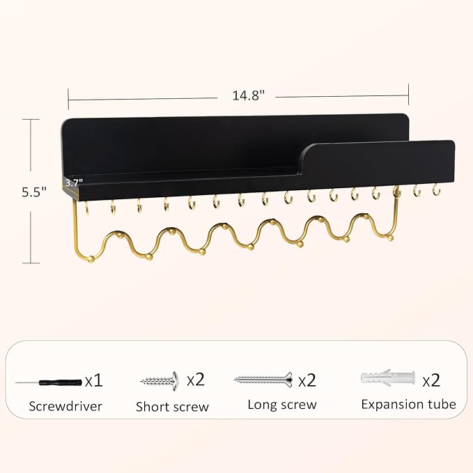 Hanging Jewelry Organizer with 29 Hooks and Cosmetics Shelf, Modern Wood Wall Mounted Jewelry Holder for Necklaces, Bracelets, Earrings and Rings, Black