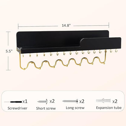Hanging Jewelry Organizer with 29 Hooks and Cosmetics Shelf, Modern Wood Wall Mounted Jewelry Holder for Necklaces, Bracelets, Earrings and Rings, Black