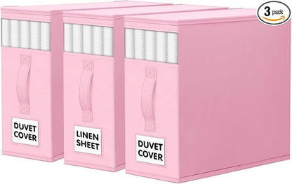 WOWBOX Sheet Organizers and Storage,Closet Bed Sheet Organizer Under Bed Storage and Organization with Label Cards & Clear Window for Bedding Sheets,Duvet Covers,Blankets (3 Pack，Pink)