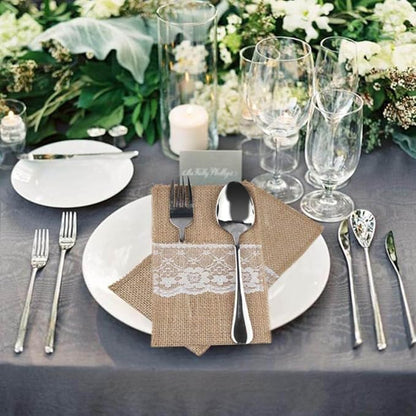 Efavormart 10 Pack Natural Burlap and Lace Silverware Holder Pouches, 4"x8" Rustic Cutlery Pockets for Weddings, Country Parties, and Vintage Themed Table Decor