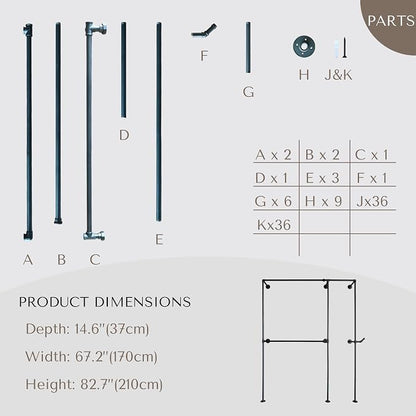Black Industrial Pipe Clothing Rack 62.5" W Wall Mounted, Heavy Duty Iron Garment Rack 150 lbs per Rod, Open Closet Organizer for Bedroom Laundry Room Retail Display