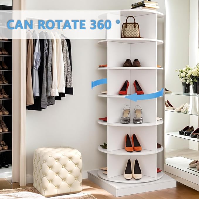 Rotating Shoe Rack Tower, 360-Degree Circular Storage Organizer for Shoes and Handbags, Vertical Space-Saving Cabinet for Entrance Hall, Independent Rotating Shoe Shelf （A-White）