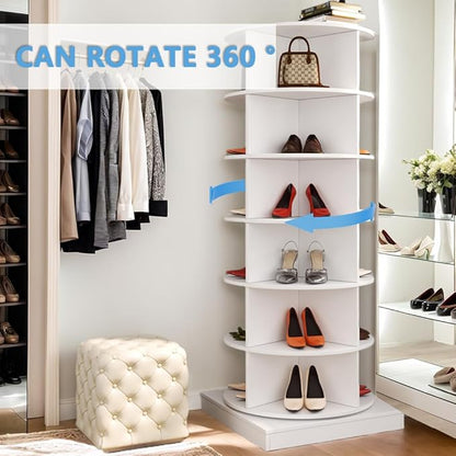 Rotating Shoe Rack Tower, 360-Degree Circular Storage Organizer for Shoes and Handbags, Vertical Space-Saving Cabinet for Entrance Hall, Independent Rotating Shoe Shelf （A-White）