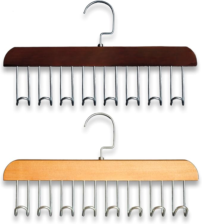 Belt Hanger 2Pcs Belt Hanger with 16 Hooks Bra Hangers for Closet,Space-Saving Wooden Closet Hanger Organizer for Ties, Scarves, Bras,Tank, Tops (1Wood Color 1Brown)
