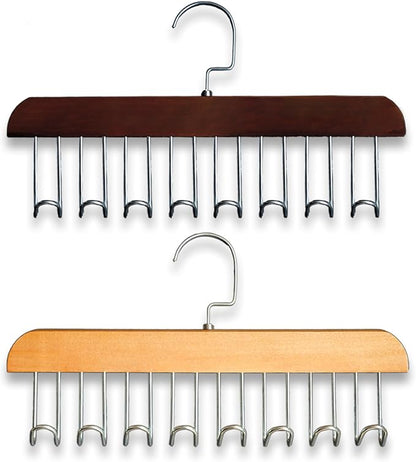 Belt Hanger 2Pcs Belt Hanger with 16 Hooks Bra Hangers for Closet,Space-Saving Wooden Closet Hanger Organizer for Ties, Scarves, Bras,Tank, Tops (1Wood Color 1Brown)