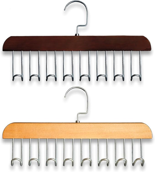 Belt Hanger 2Pcs Belt Hanger with 16 Hooks Bra Hangers for Closet,Space-Saving Wooden Closet Hanger Organizer for Ties, Scarves, Bras,Tank, Tops (1Wood Color 1Brown)