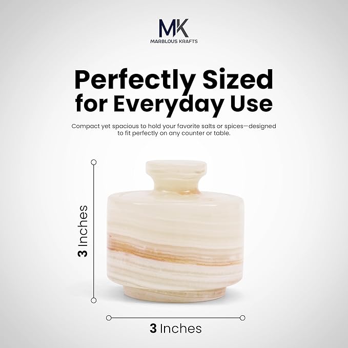 MARBLOUS KRAFTS Marble Salt Cellar 3" Inch White Onyx Salt Holder With Lid for Spice Jar & Stone Salt Container, Modern Sugar Bowl